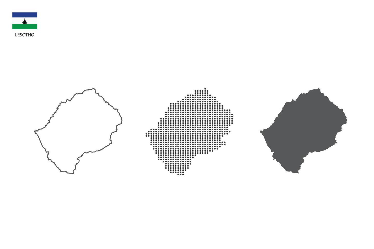 3 versioni di Lesoto carta geografica città vettore di magro nero schema semplicità stile, nero punto stile e buio ombra stile. tutti nel il bianca sfondo.