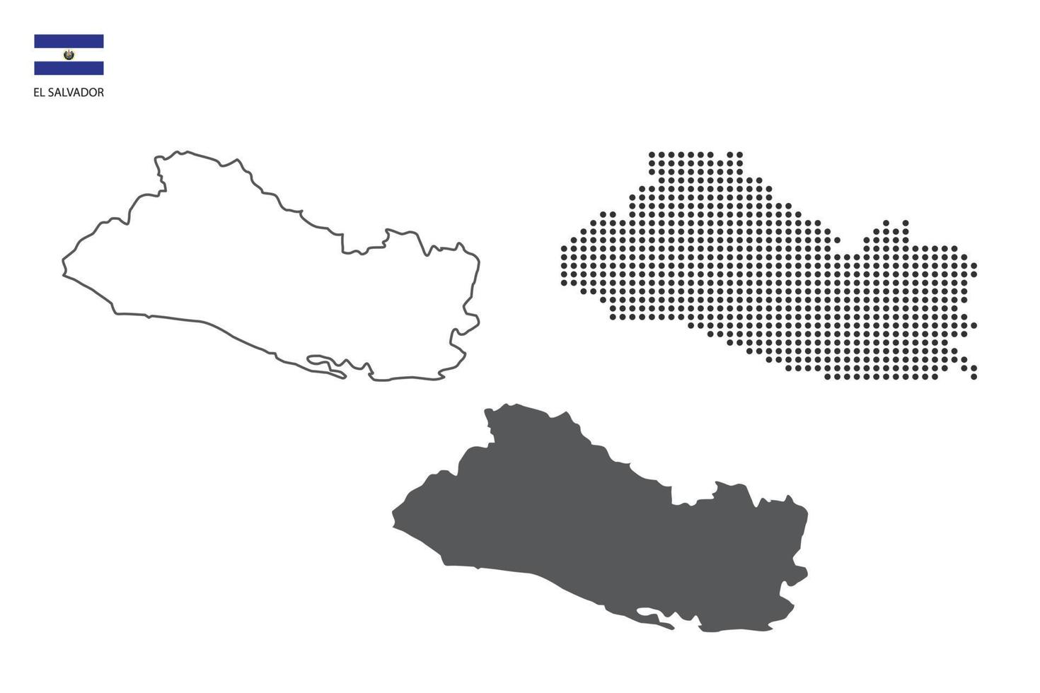 3 versioni di EL salvador carta geografica città vettore di magro nero schema semplicità stile, nero punto stile e buio ombra stile. tutti nel il bianca sfondo.