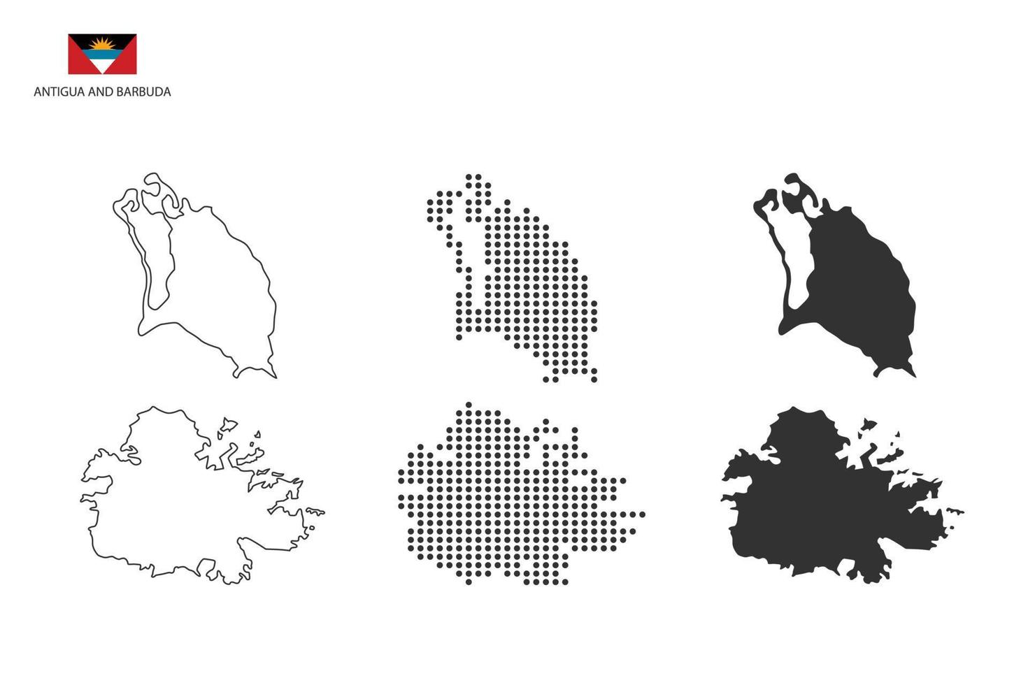 3 versioni di antigua e barbuda carta geografica città vettore di magro nero schema semplicità stile, nero punto stile e buio ombra stile. tutti nel il bianca sfondo.