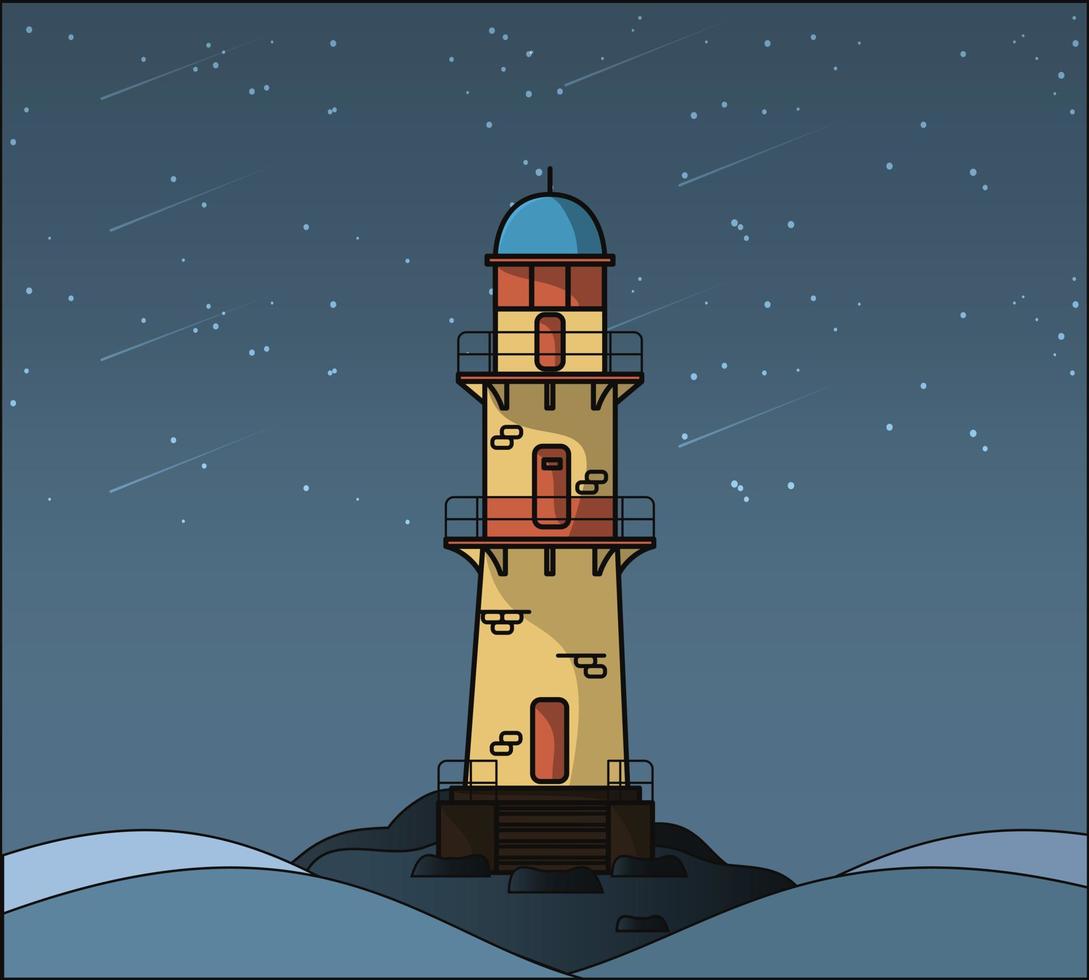 piatto faro edificio con piccolo montagne illustrazione. faro, mare paesaggio Visualizza vettore design.