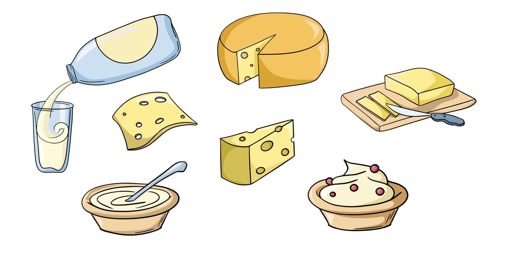 un' impostato di colorato icone. latteria prodotti, formaggio, Villetta formaggio e crema, vettore illustrazione nel cartone animato stile