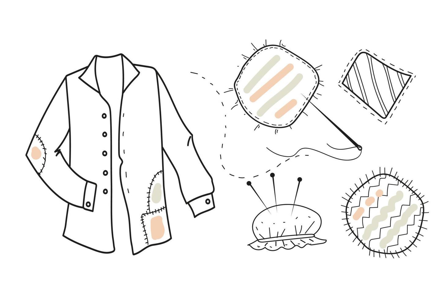 rammendo vestiti.vettore scarabocchio mano disegnato impostato di cucire stoffa cerotti. vettore