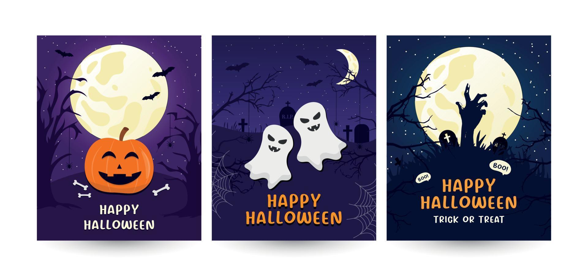vettore impostato di Halloween festa inviti o saluto carte, sfondi con tradizionale simboli piace zucca, fantasma, Luna, zombie, ragni e ragnatela