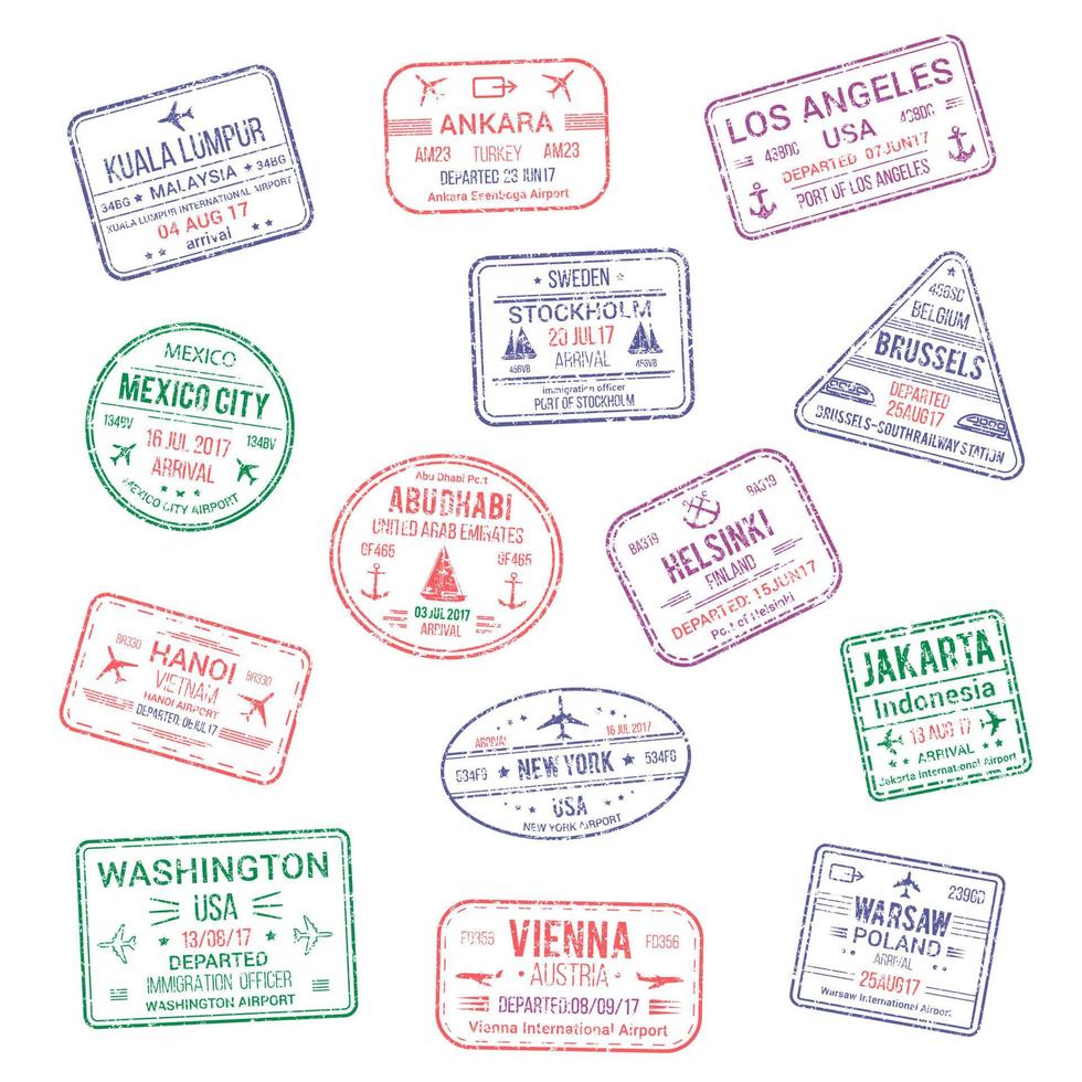 vettore icone di città passaporto francobolli mondo viaggio