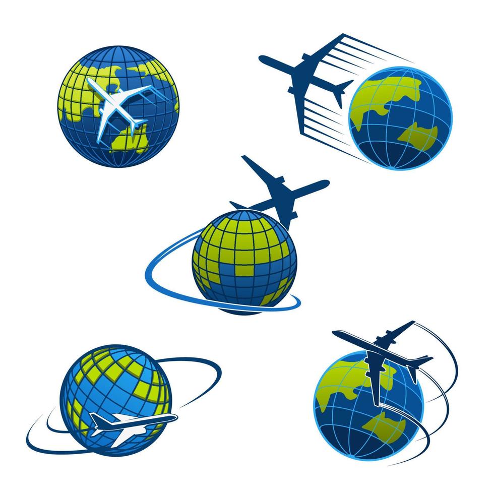 viaggio agenzia vettore icone aereo e mondo globo