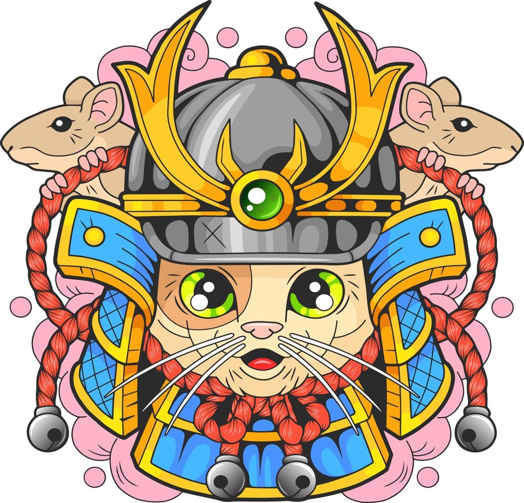 cartone animato carino samurai gatto, divertente illustrazione, design vettore