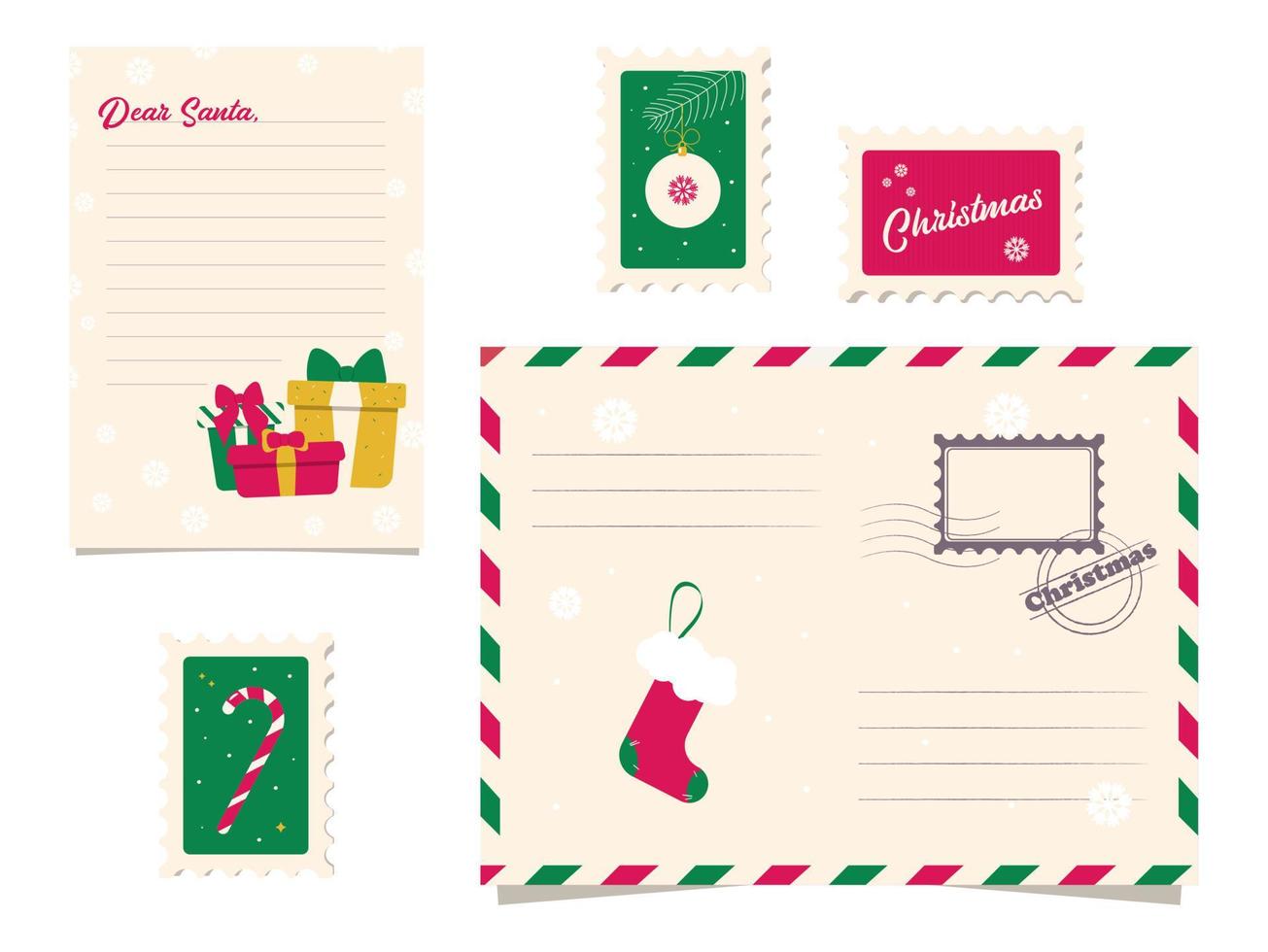 vettore lettera modello per Santa claus. vuoto modulo per riempire su un' figli di Natale desiderio lettera. vuoto mailing Busta con francobollo e francobolli.
