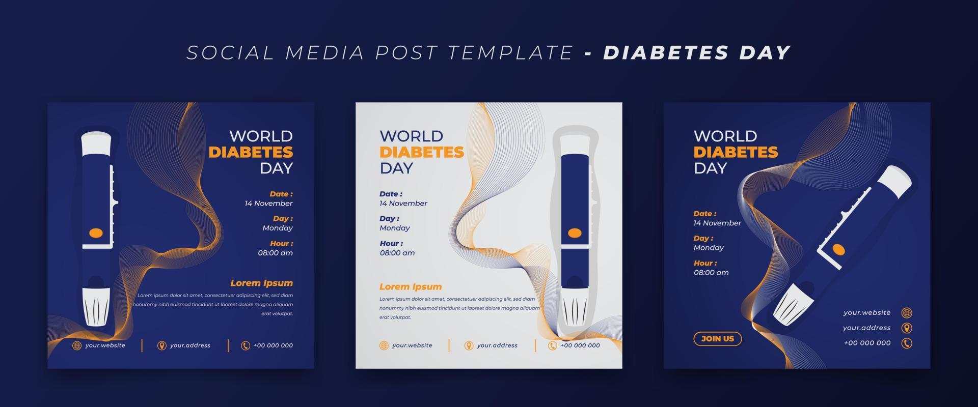 sociale media inviare modello con glucosio metro per mondo diabete giorno nel viola e bianca sfondo vettore