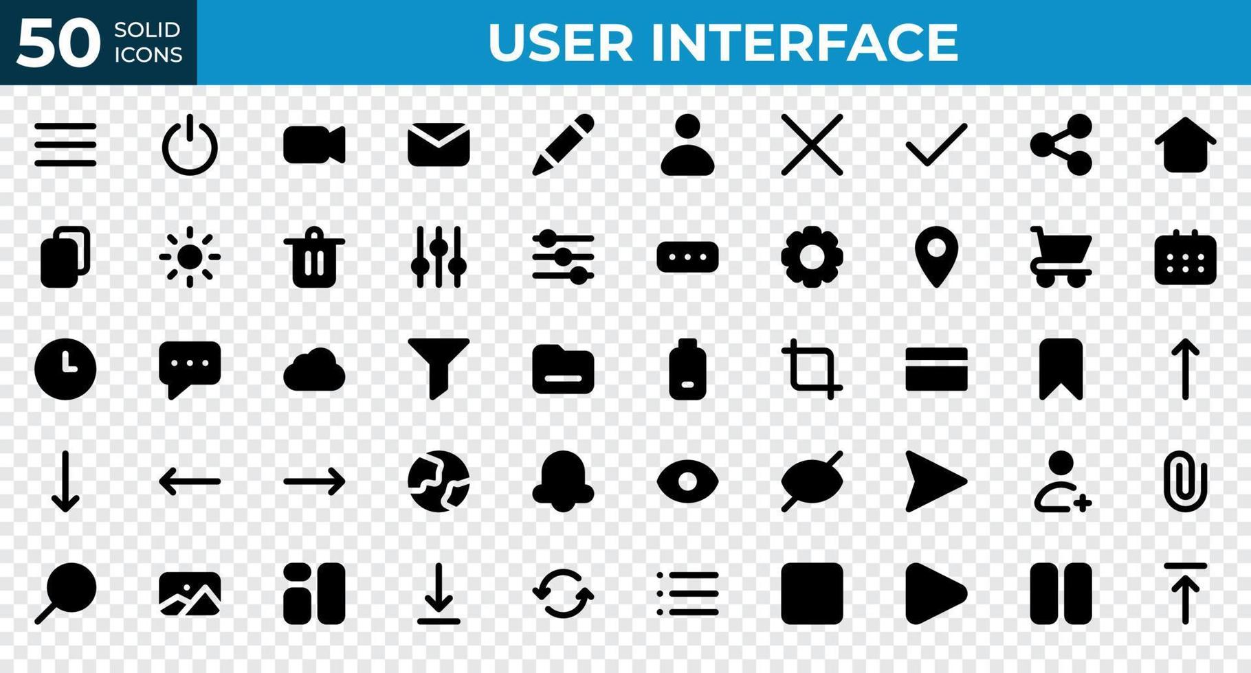 impostato di 50 utente interfaccia icone nel solido stile. menù, calendario, orologio. solido icone collezione. vettore illustrazione