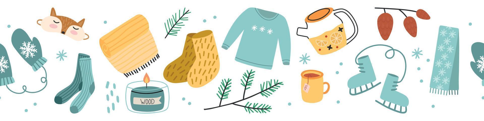 hygge inverno modello confine design. carino e accogliente vettore senza soluzione di continuità ripetere striscione. illustrazione di sciarpe, guanti, Tè, inverno bosco fogliame.