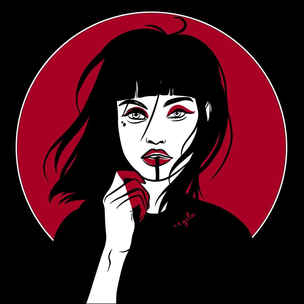 minimalista ritratto di un' ragazza nel rosso e bianca colori su un' nero sfondo vettore