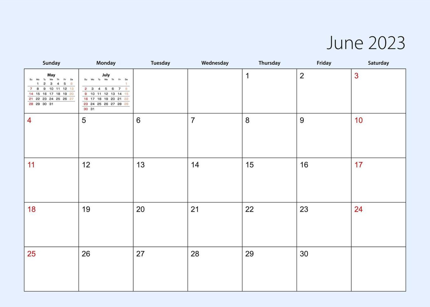 parete calendario progettista per giugno 2023. inglese linguaggio, settimana inizia a partire dal domenica. vettore