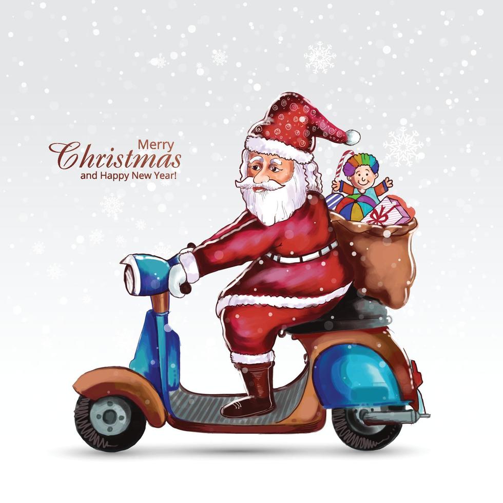 allegro Natale e contento nuovo anno con Santa Claus su equitazione un' scooter carta sfondo vettore