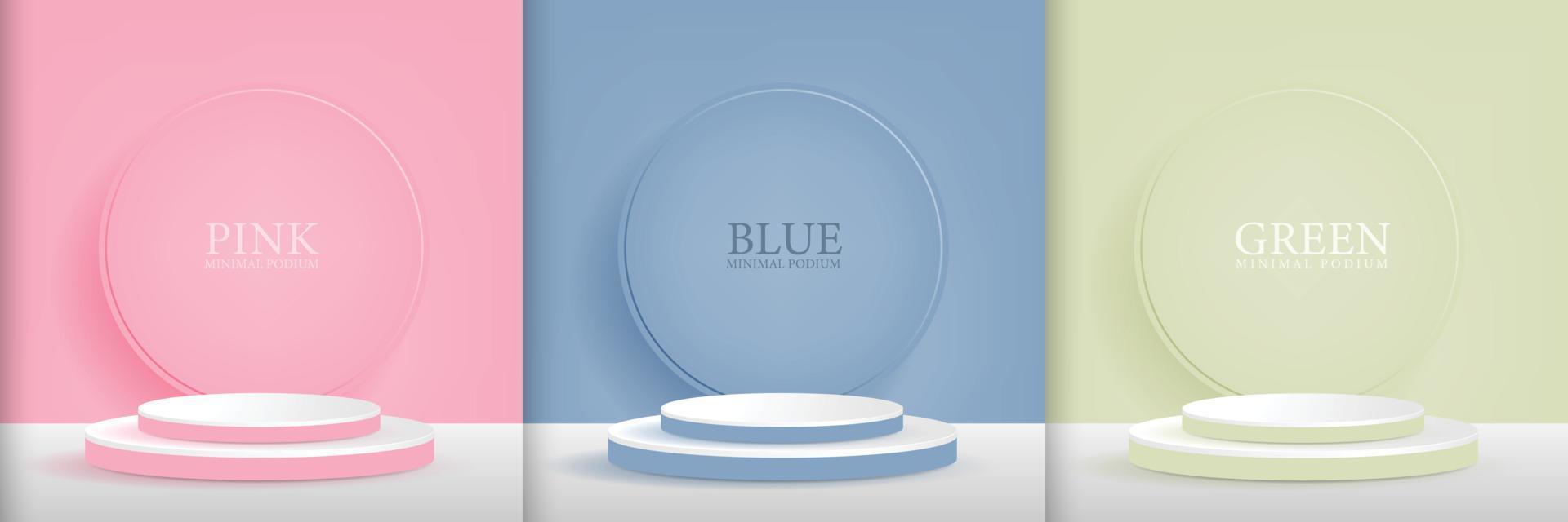 impostato di rosa, blu e verde cilindro basi su impilati cerchio sfondo. moderno astratto vettore illustrazione mostrando 3d forme per prodotti mostrando presentazioni. semplice pastello parete sfondo.