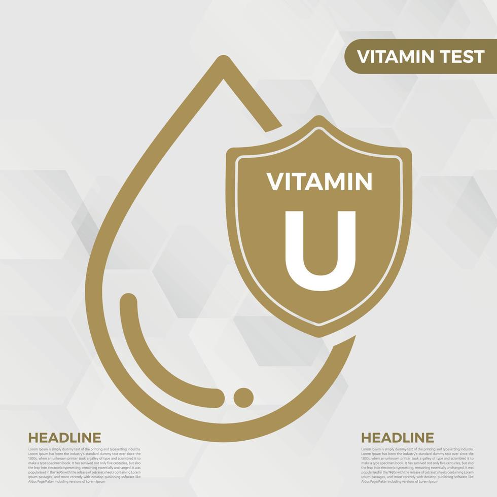 vitamina u icona logo d'oro far cadere scudo protezione, medico sfondo brughiera vettore illustrazione