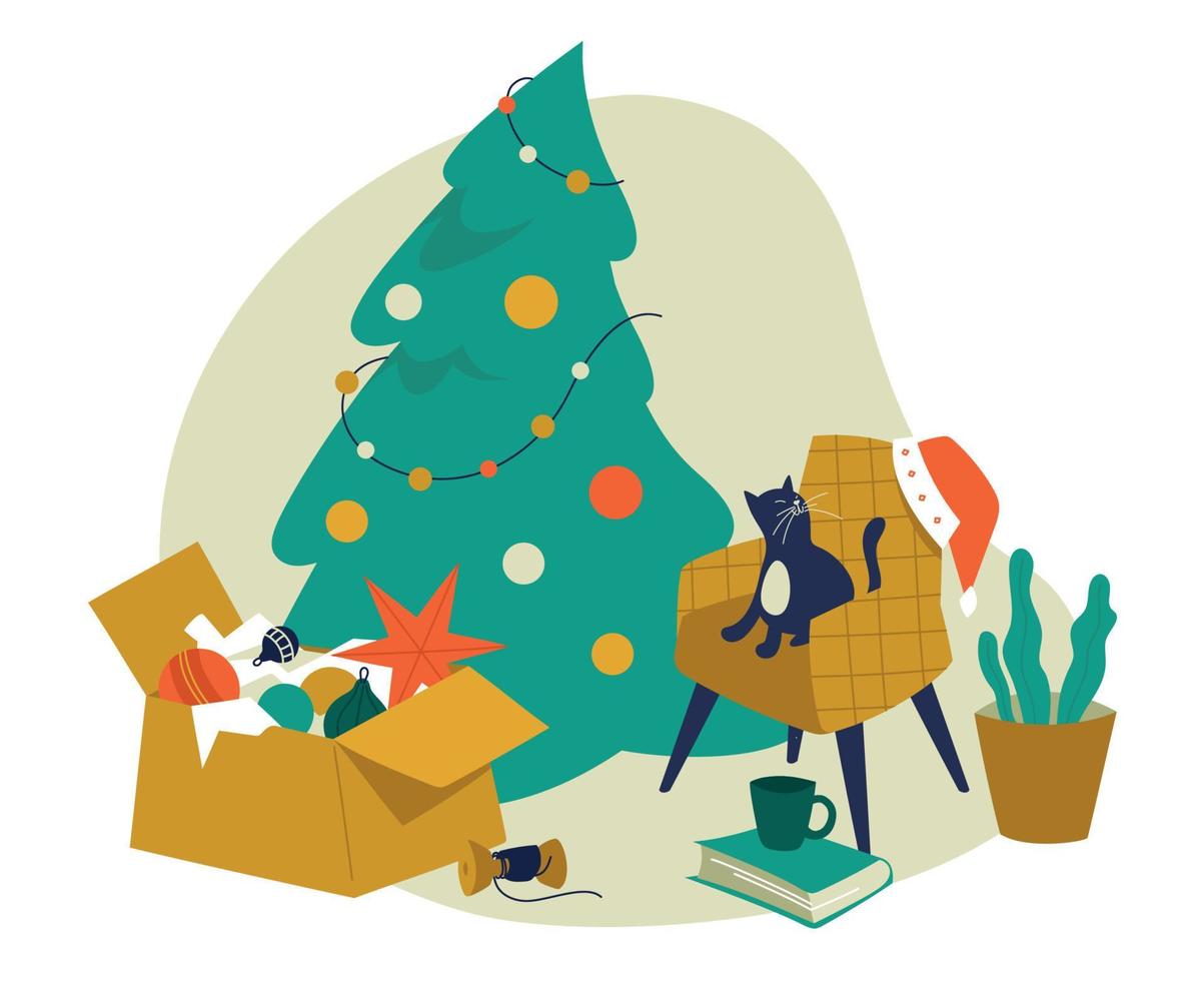 Natale interno. preparazione per il nuovo anno vacanze. decorato Natale albero, un' scatola con Natale decorazioni, un' gatto su un' sedia. vettore Immagine.