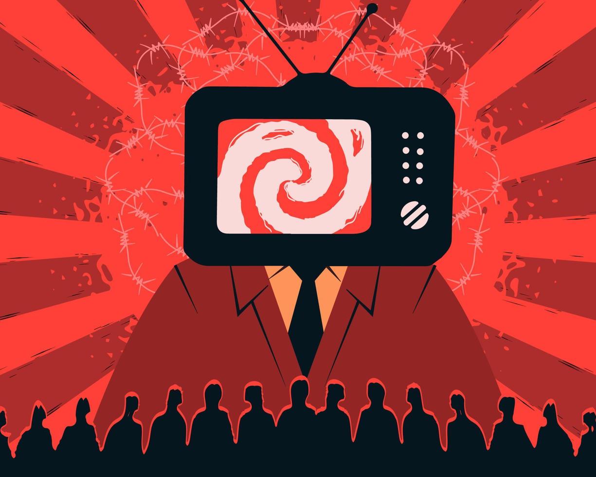 un' propaganda macchina nel il modulo di un' tv, mostrando falsi e manipolazioni per il zombificazione di il nazione. vettore