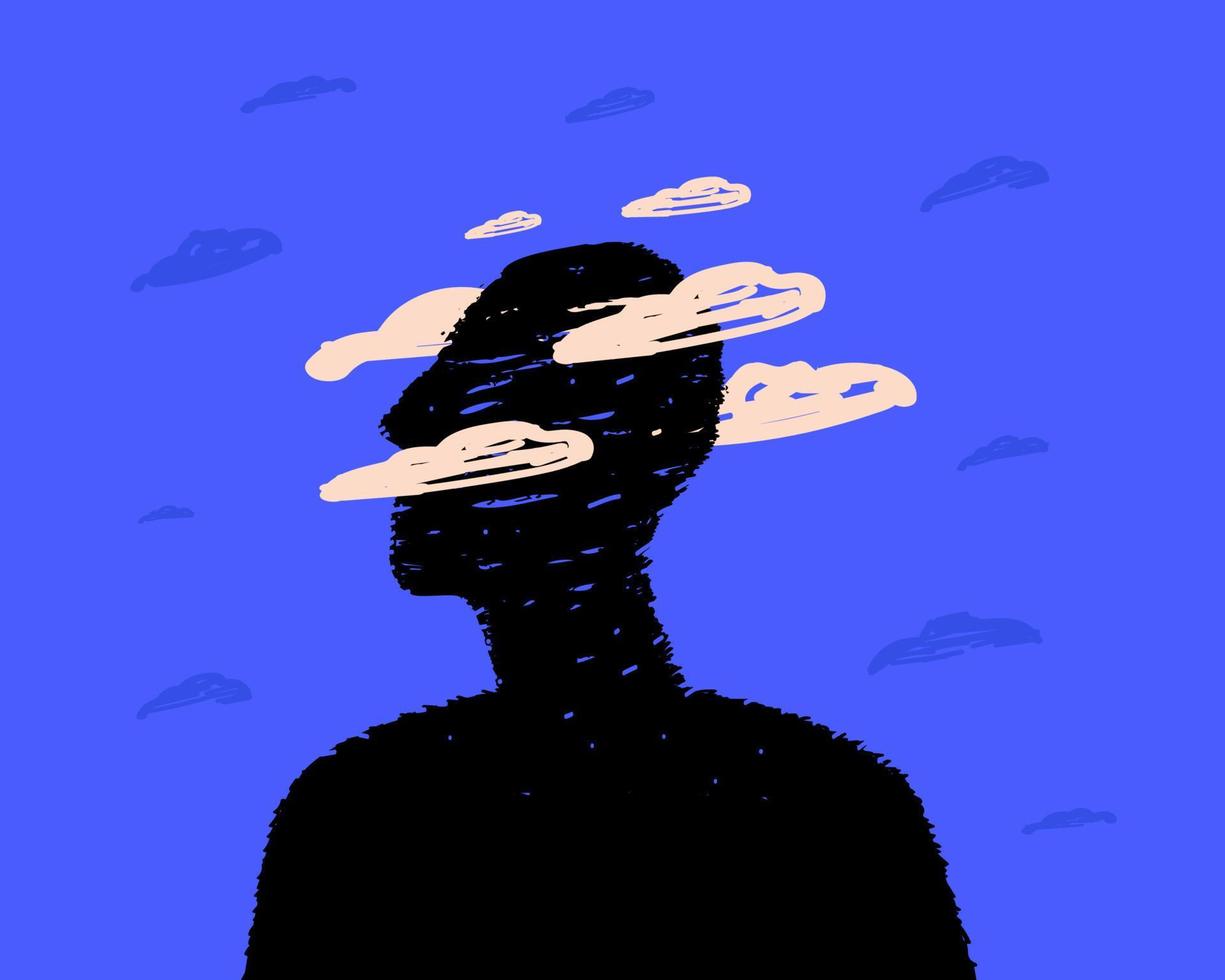 un' nero silhouette di un' testa circondato di nuvole, un' simbolo di postcovid sindrome, cervello nebbia. vettore