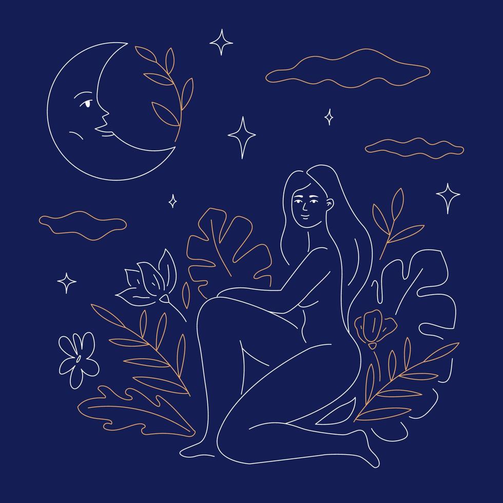 mistico illustrazione con un' femmina dea circondato di fiori, stelle e il Luna. Stampa per confezione, marca, manifesto. vettore