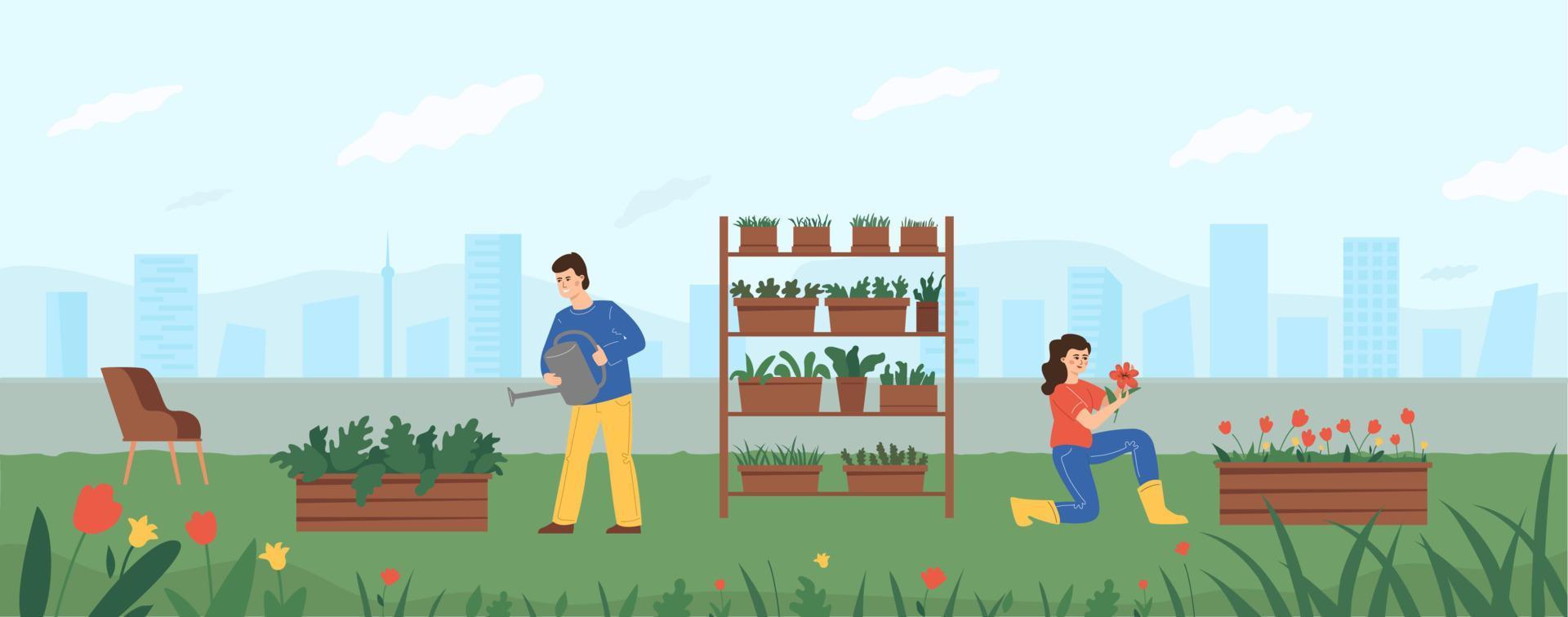 un' giardino pieno di verdura su il tetto di il costruzione, un' uomo irrigazione il impianti, un' donna cura per il fiori. il concetto di un eco-friendly verde posto nel un urbano ambiente. vettore