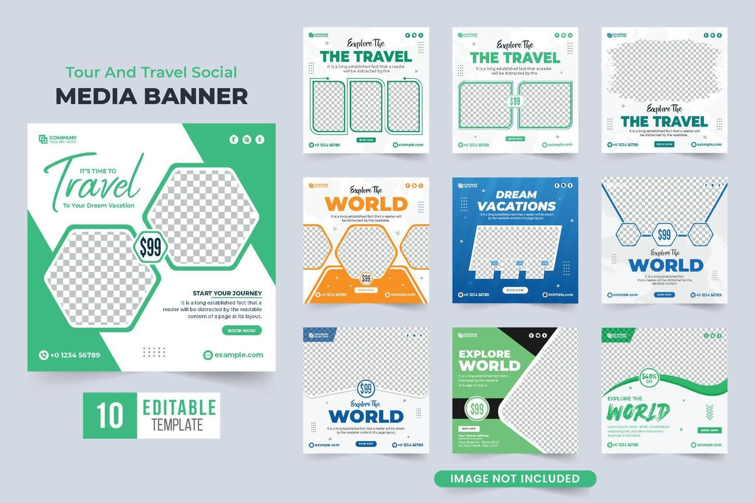 giro e viaggio sociale media inviare collezione vettore con blu e verde colori. famiglia vacanza progettista modello impostato design con astratto forme. viaggio agenzia ragnatela bandiera fascio per attività commerciale marketing