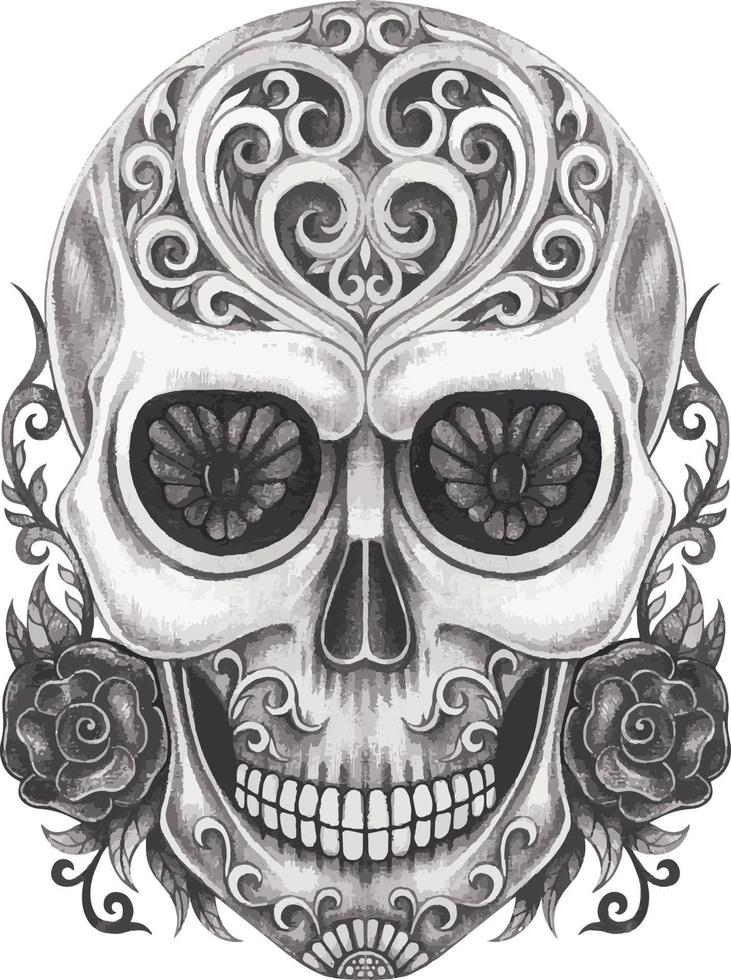 arte cranio tatuaggio giorno di il morto. mano disegno e rendere grafico vettore. vettore