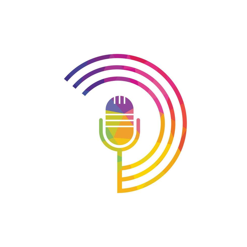 Podcast logo design. studio tavolo microfono con trasmissione icona design. vettore