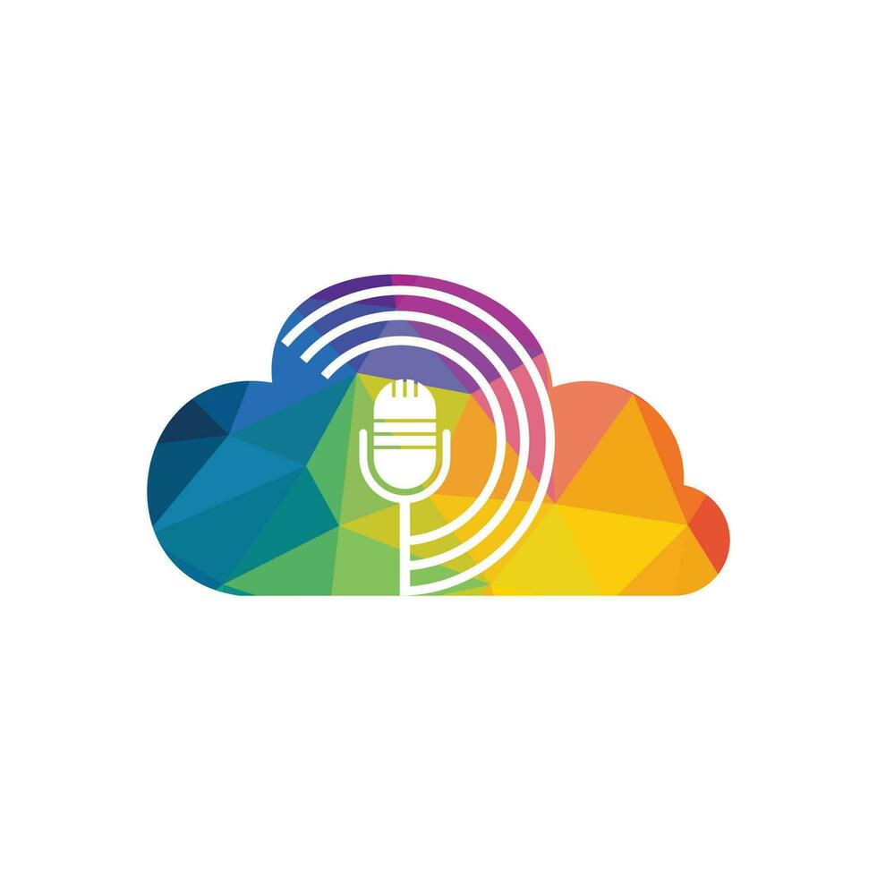 Podcast e nube logo design. studio tavolo microfono con trasmissione icona design. vettore