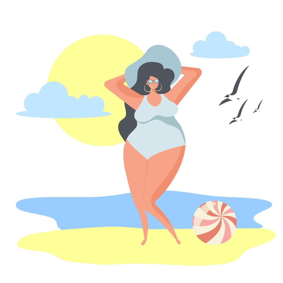 bellissimo ragazza nel un' costume da bagno prendere il sole su il spiaggia vettore