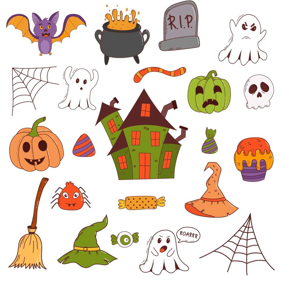 divertente Halloween impostato zucca, fantasma, strega cappello, pipistrello, dolci, ragno, scopa. trucco o trattare concetto. vettore illustrazione nel mano disegnato stile