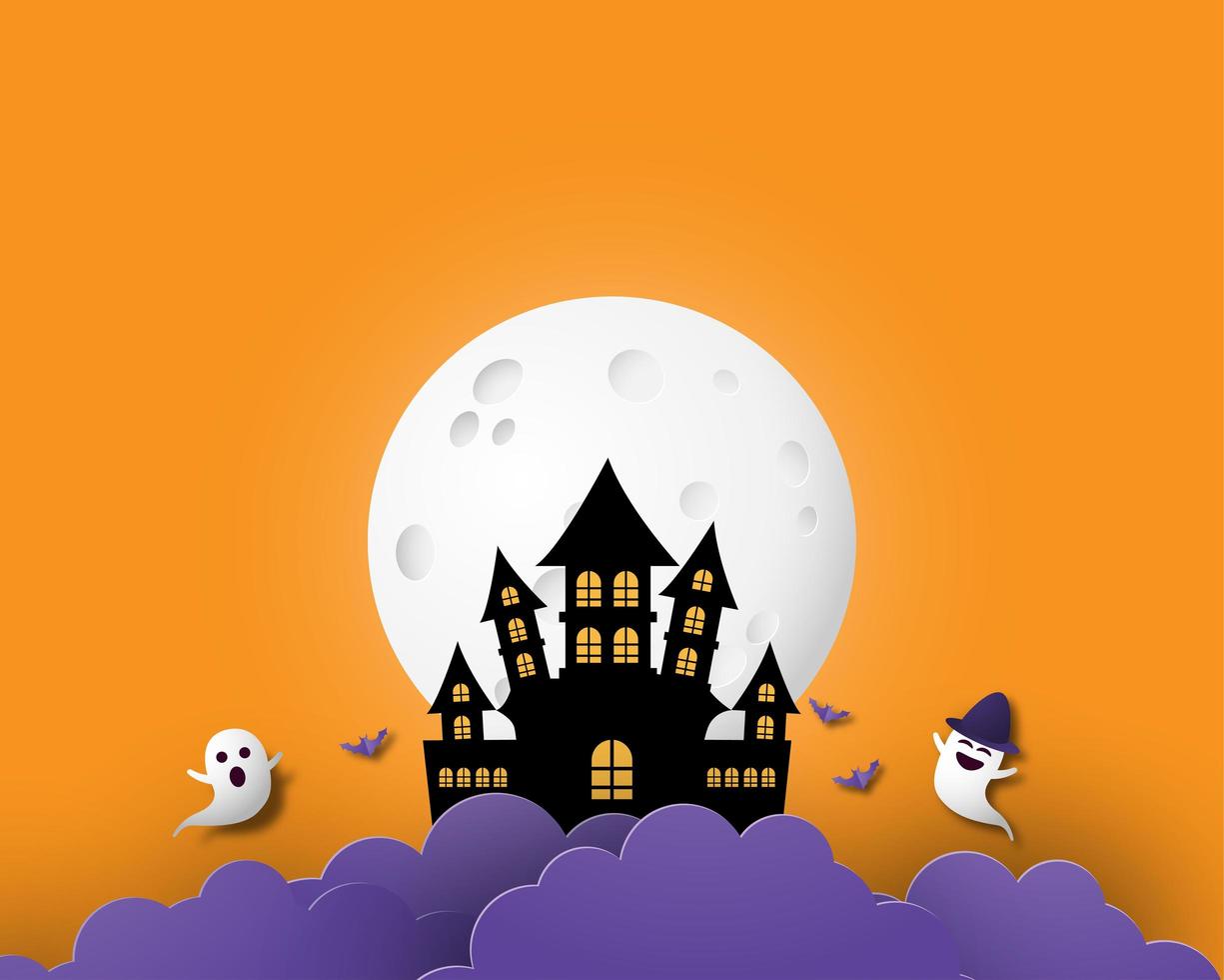 banner di halloween di arte di carta con castello, luna e nuvole vettore