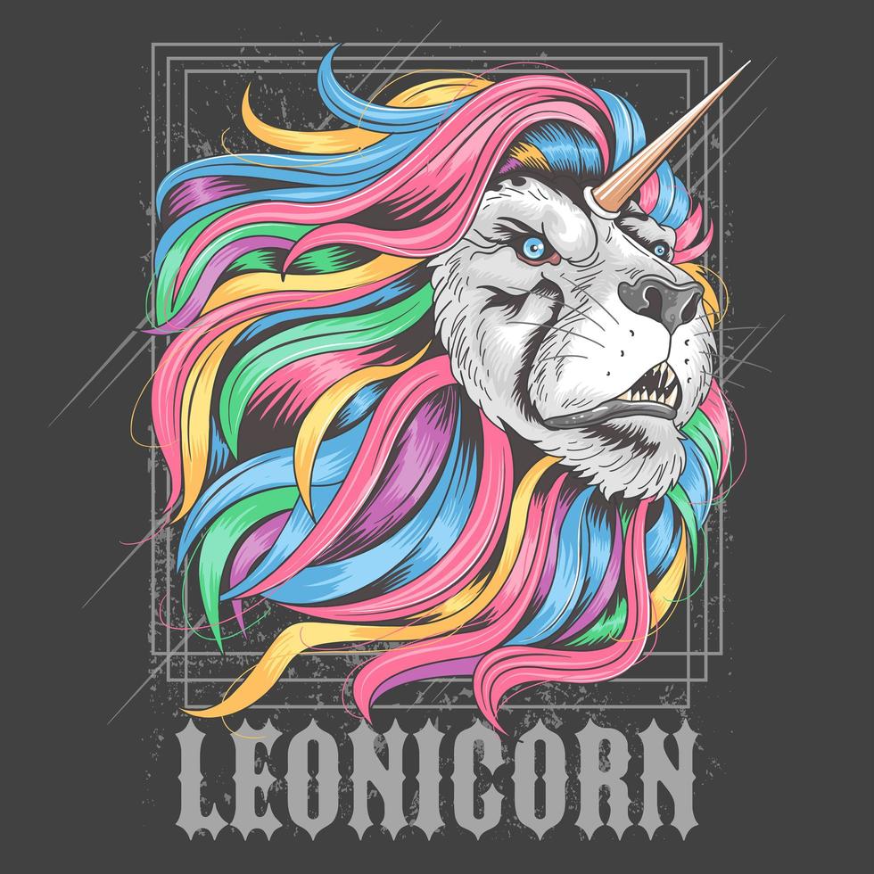 unicorno leone con capelli colorati su fondo nero vettore