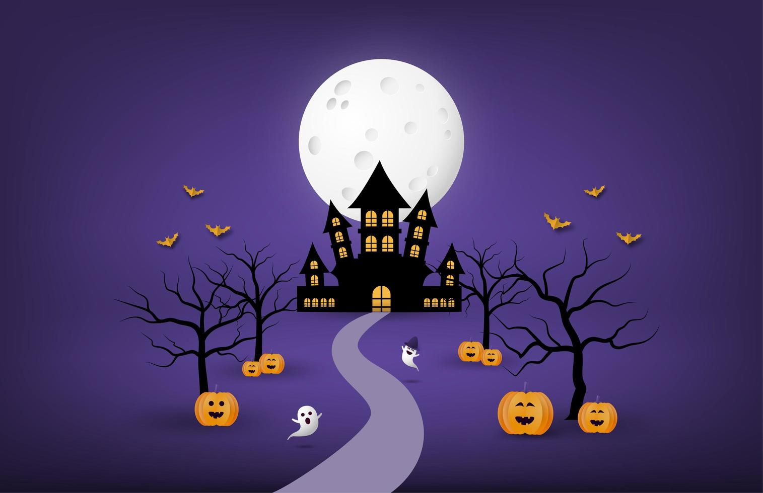 banner di halloween di arte di carta con castello, alberi e zucche vettore
