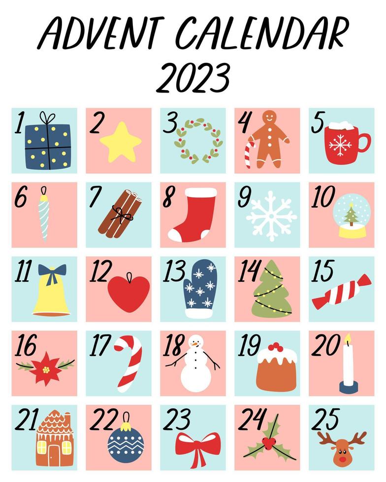 Natale Avvento calendario con mano disegnato elementi. nuovo anno per bambini. natale manifesto. vettore cartone animato illustrazione per Stampa.