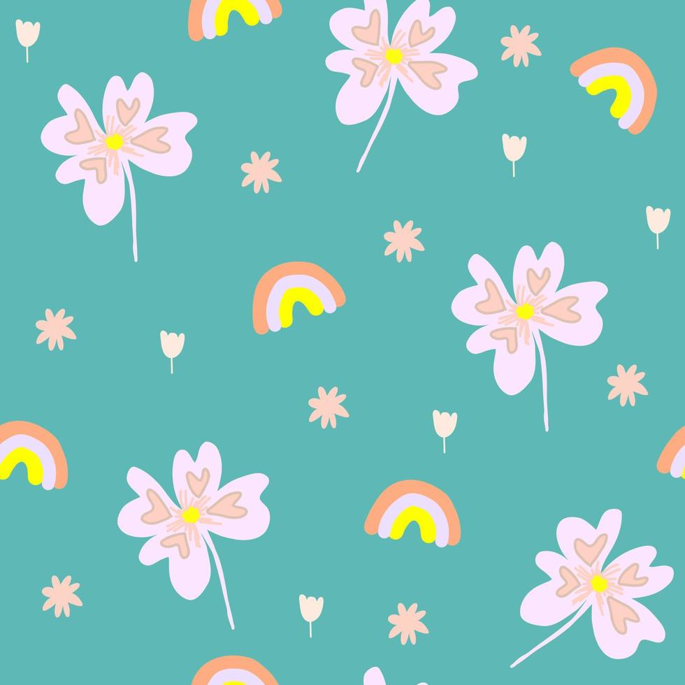 senza soluzione di continuità modello con arcobaleno e astratto fiore, infantile Stampa per carta da parati, copertina design, bambini tessuto, asilo nido interno e compleanno decorazione, colorato bambino doccia illustrazione, turchese sfondo vettore