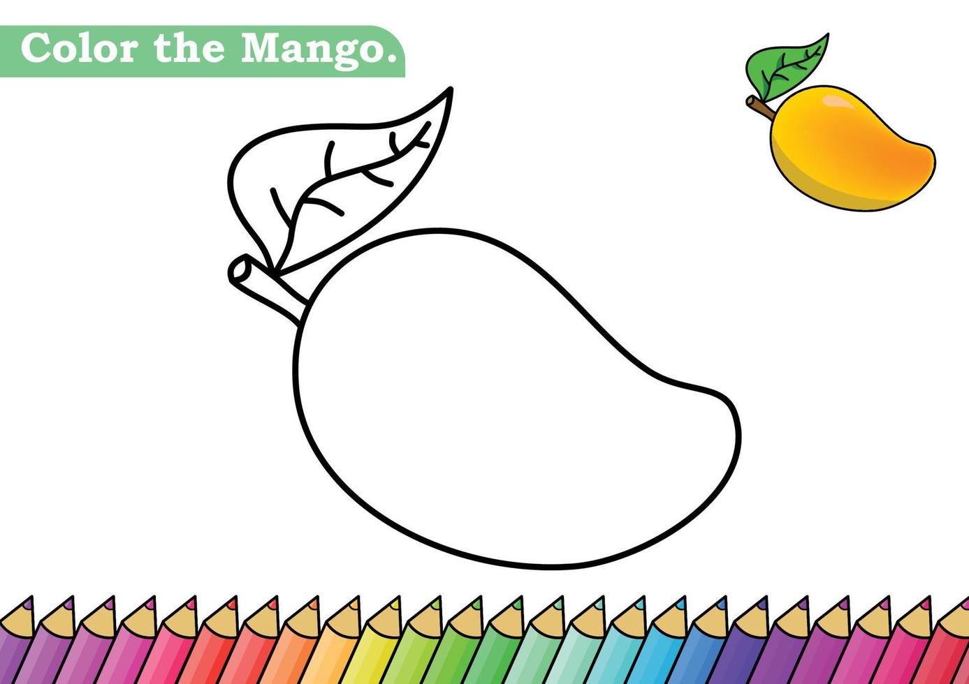colorazione pagina per Mango vettore illustrazione. scuola materna bambini colorazione pagine attività foglio di lavoro con gustoso Mango cartone animato. Mango isolato su bianca sfondo per colore libri.