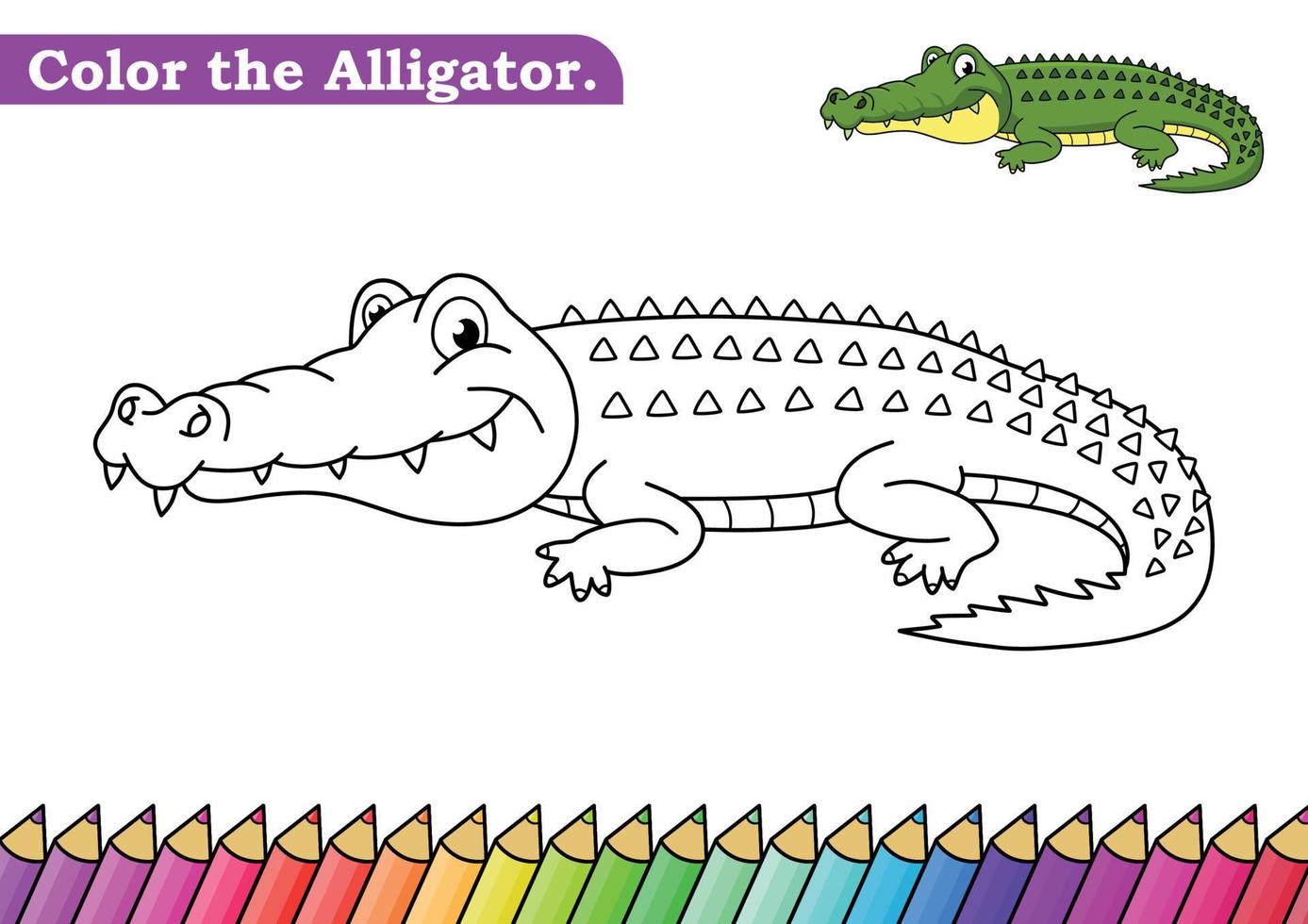 colorazione pagina per alligatore vettore illustrazione. scuola materna bambini colorazione pagine attività foglio di lavoro con divertente grande occhi cartone animato alligatore. alligatore isolato su bianca sfondo per colore libri.