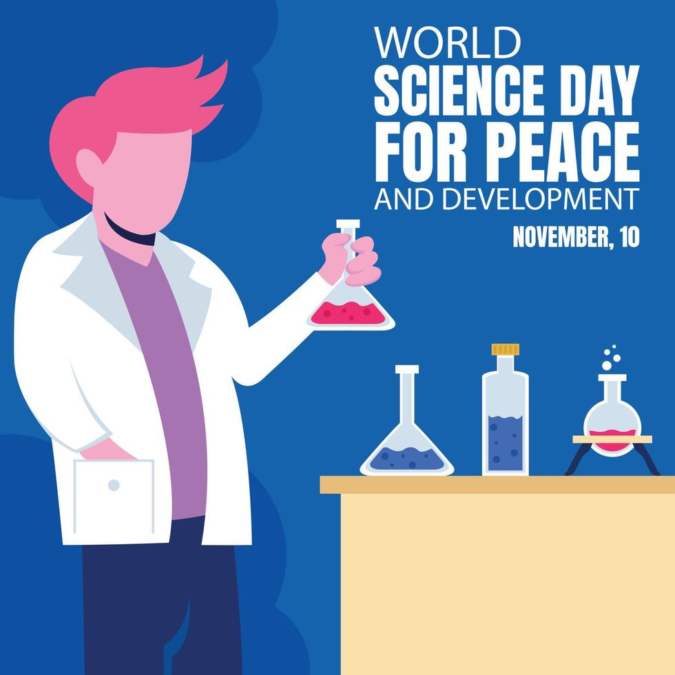 illustrazione vettore grafico di un' scienziato Tenere un' chimico bottiglia, Perfetto per internazionale giorno, mondo scienza giorno, pace e sviluppo, celebrare, saluto carta, eccetera.