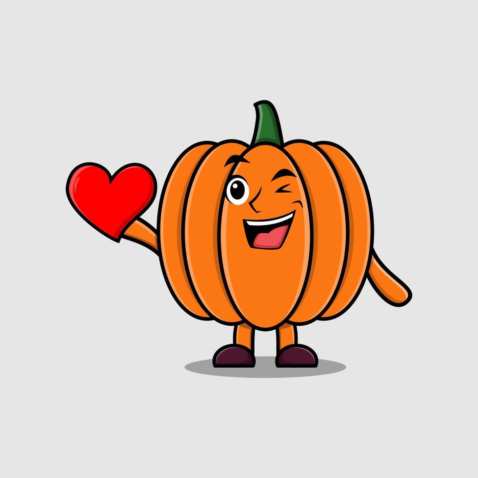 carino cartone animato zucca personaggio hold grande rosso cuore vettore