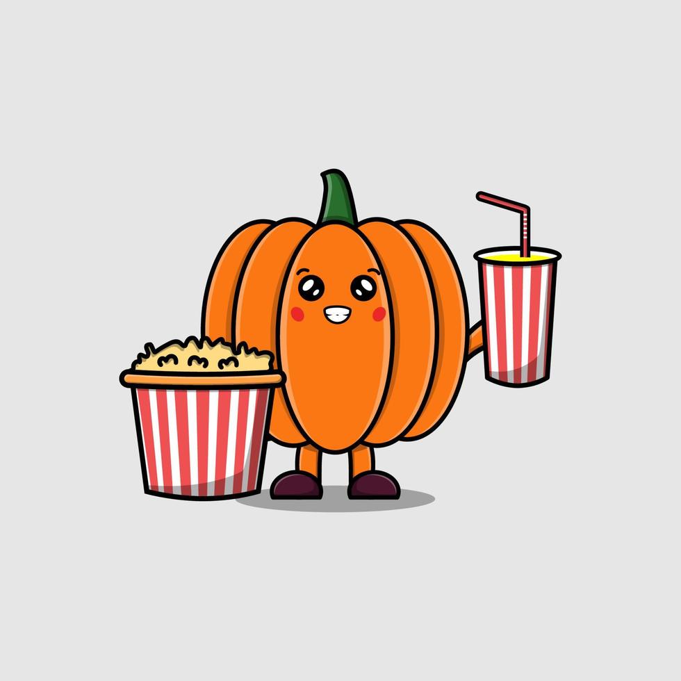 carino cartone animato zucca con Popcorn e bevanda vettore