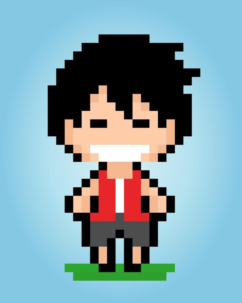 Pixel di caratteri maschili a 8 bit. pixel umani nelle illustrazioni vettoriali per risorse di gioco o schemi a punto croce.