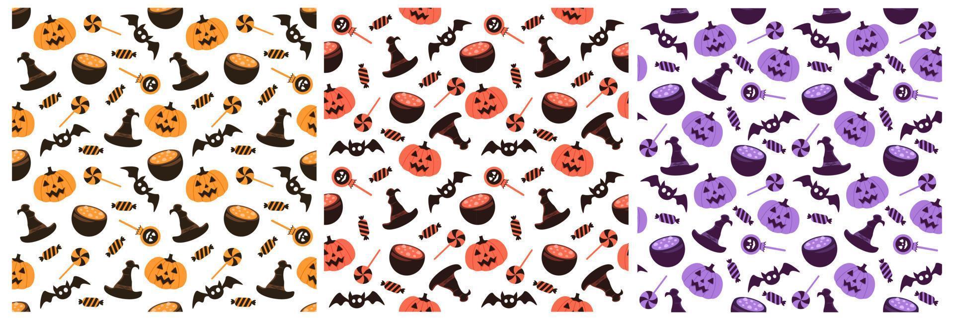 impostato di Halloween senza soluzione di continuità modello design con strega, frequentato Casa, zucche o pipistrelli nel modello mano disegnato cartone animato piatto illustrazione vettore