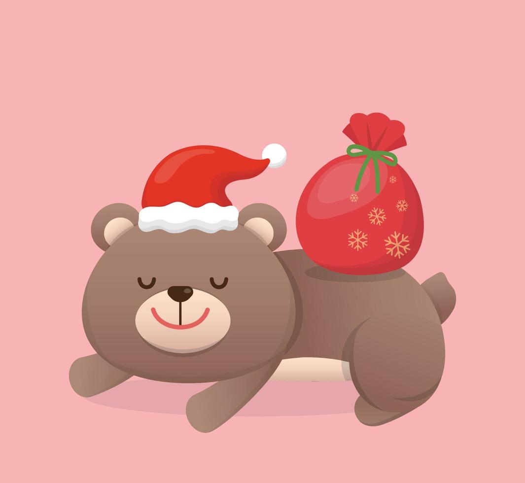 carino bambino orso personaggio portafortuna con Santa cappello e regalo, contento festeggiare Natale, vettore cartone animato stile