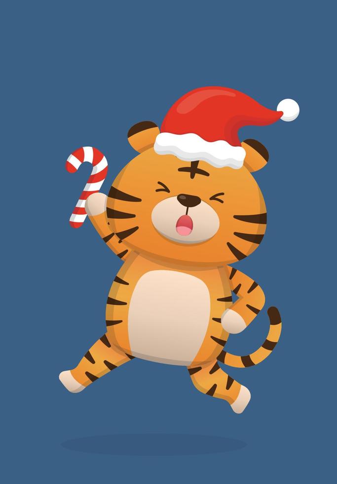 carino tigre personaggio portafortuna con Santa cappello e caramella canna, contento festeggiare Natale, vettore cartone animato stile