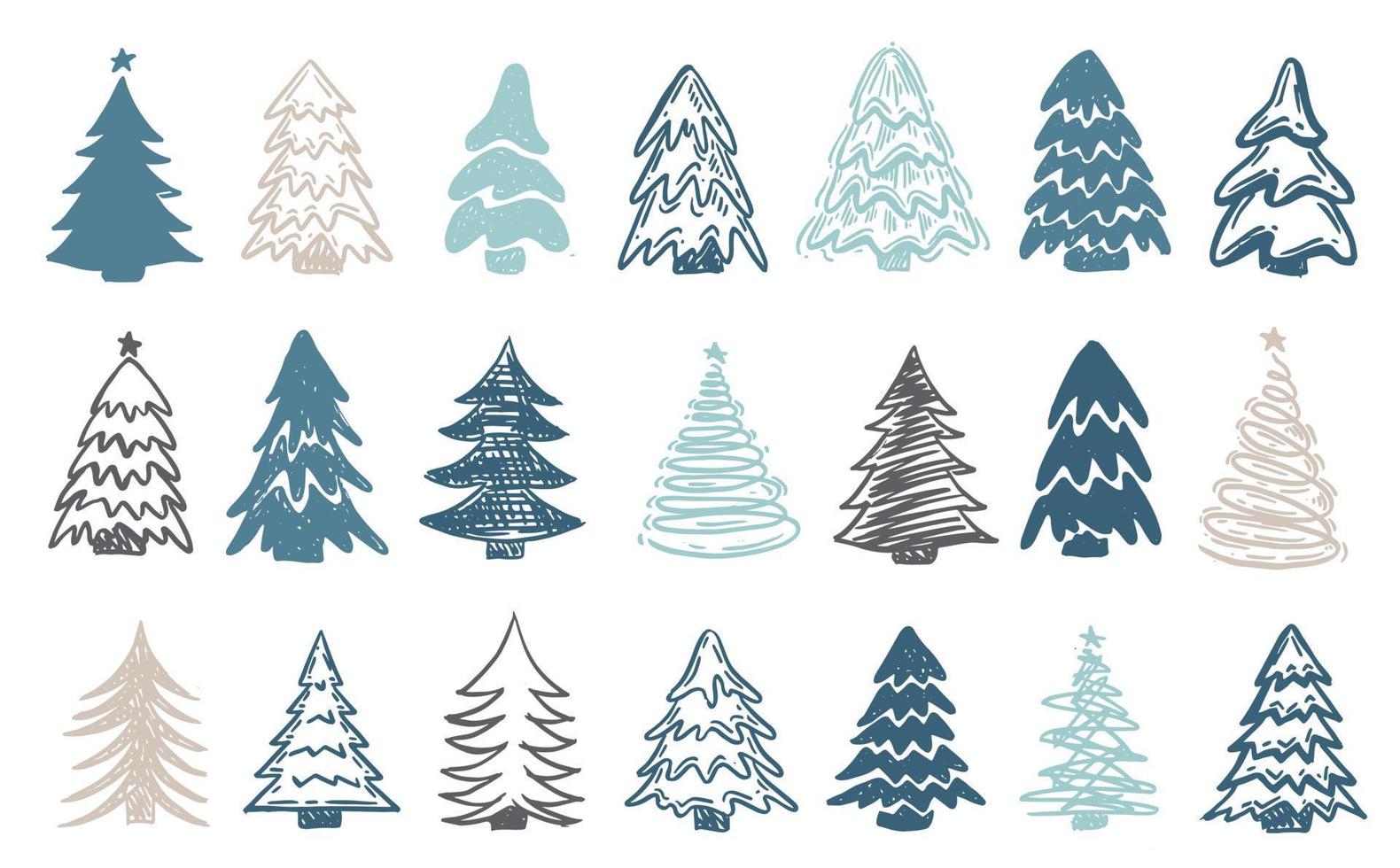 set di alberi di natale, illustrazioni disegnate a mano. vettore