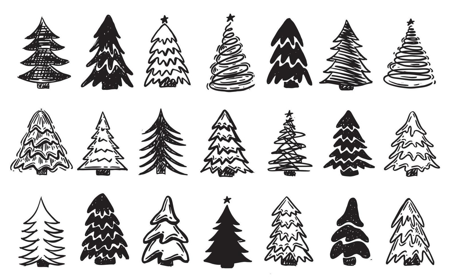 set di alberi di natale, illustrazioni disegnate a mano. vettore