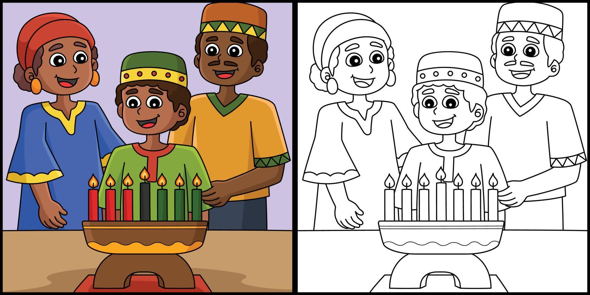 Kwanzaa famiglia e kinara colorazione illustrazione vettore