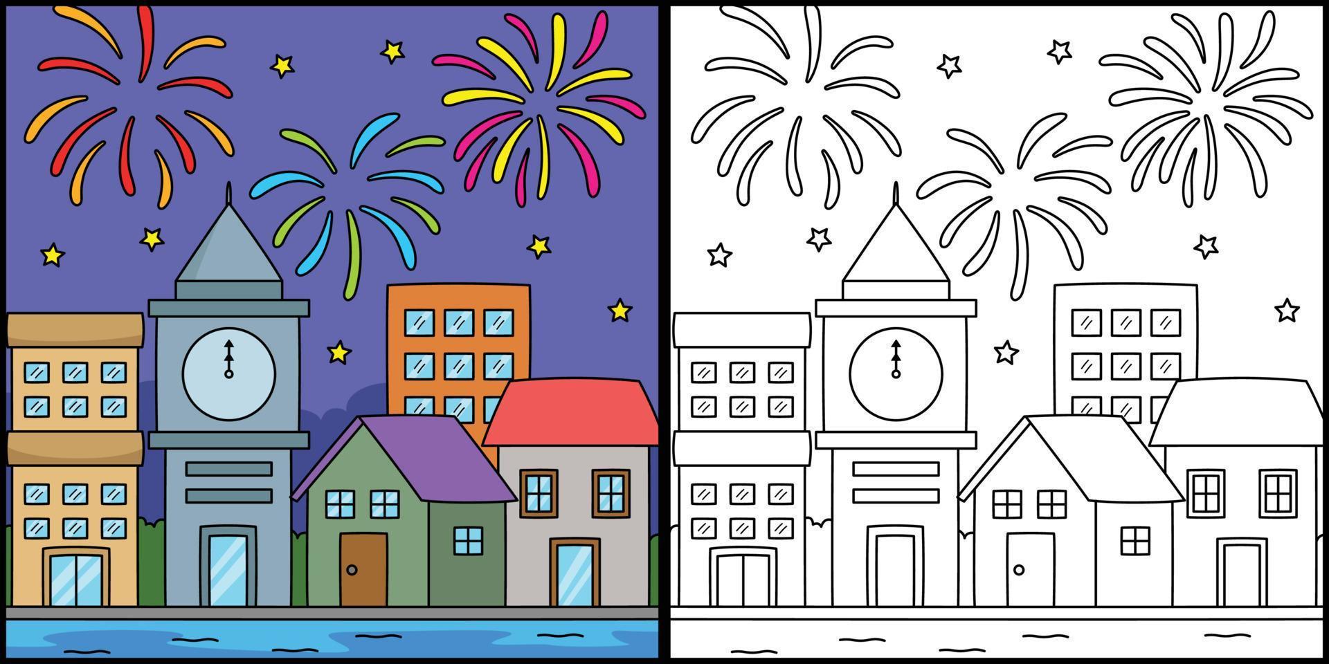 nuovo anno fuochi d'artificio colorazione pagina illustrazione vettore