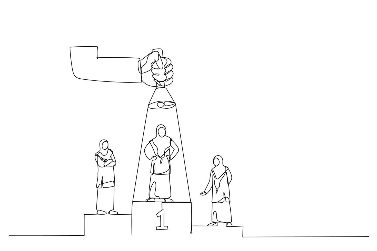 illustrazione di arabo donna d'affari su podio, uno tra loro essere veloce illuminato di grande mano a partire dal superiore utilizzando torcia elettrica. singolo linea arte stile vettore