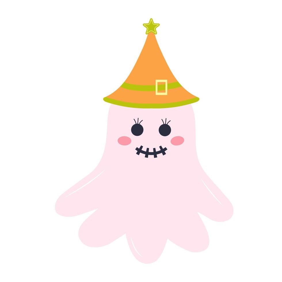 carino rosa fantasma nel un' cappello. Halloween personaggio isolato su bianca sfondo. vettore